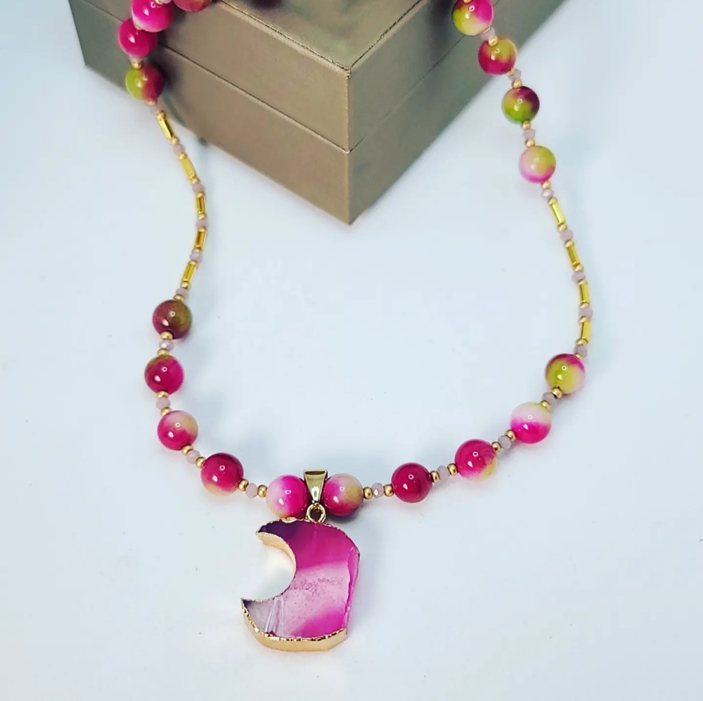 Pink Agate, moon charm necklace